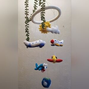 Handmade Airplane & Sun Felt Baby Mobile - Blue, Yellow, Red